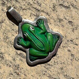 Pendant, Frog, Hand-made Polymer Clay set in silver setting.